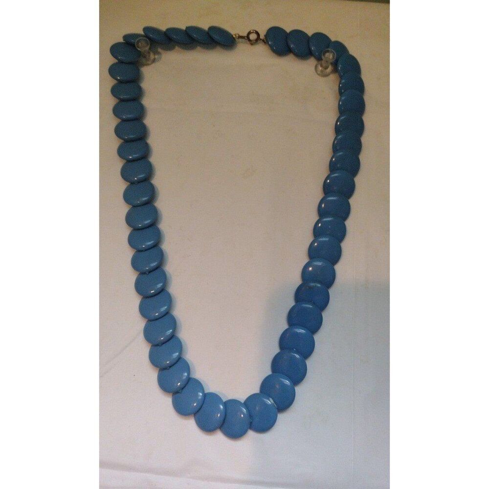 Vintage blue plastic round disc necklace 20"